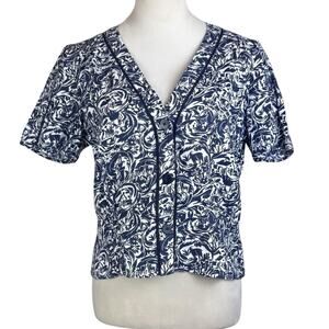 Brora 100% Linen Indigo Blue Vintage Pattern Short Sleeve Button Up V-Neck Top